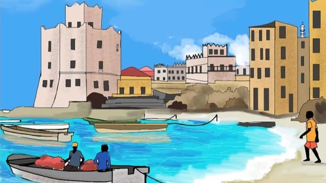 A Nujuum Hashi painting of the beachfront in Mogadishu