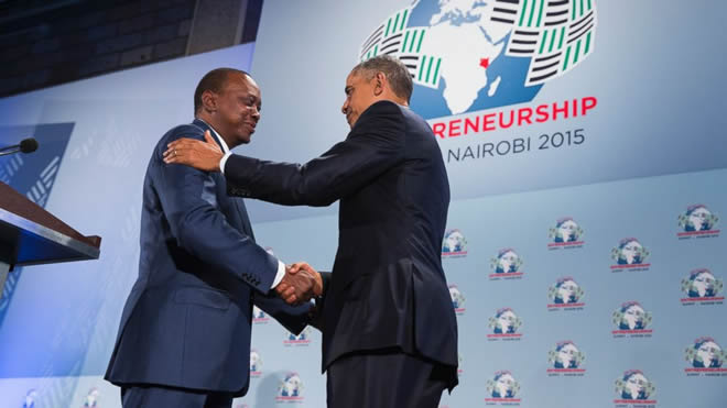 President Barack Obama, right, shakes hands with Kenyan President Uhuru Kenyatta before delivering a speech at the Global Entrepreneurship Summit at the United Nations Compound, on Saturday, July 25, 2015, in Nairobi. Obama's visit to Kenya is focused on trade and economic issues, as well as security and counterterrorism cooperation.