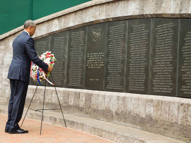 President Barack Obama participates in a wreath laying ceremony, Saturday, July 25, 2015, in Nairobi, at Memorial Park in honor of the victims of the deadly 1998 bombing at the U.S. Embassy.
