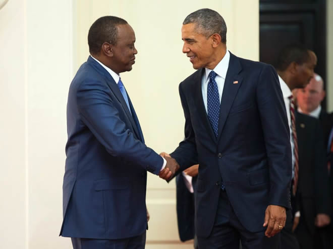 President Barack Obama, right, shakes hands with Kenyan President Uhuru Kenyatta before a bilateral meeting at State House, July 25, 2015, in Nairobi, Kenya.