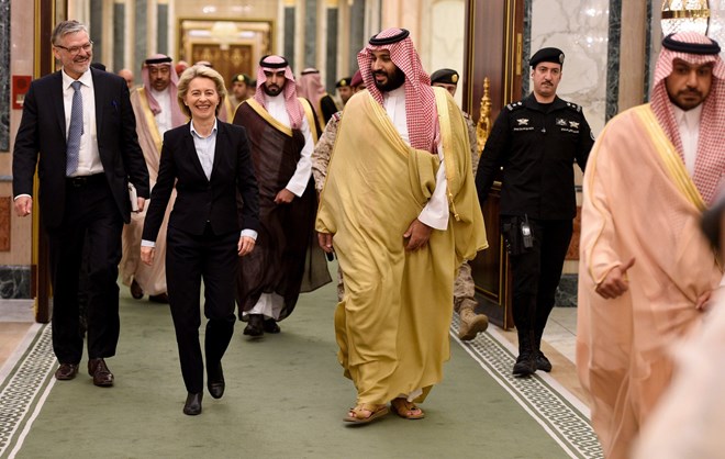 German Defence Minister Ursula von der Leyen (CDU) is recieved by the Vice Regent and Defence Minister of Saudi Arabia, Mohammad bin Salman Al-Saud, in the Divan Palace in Riyadh, Saudi Arabia (Picture: Rainer Jensen/PA)