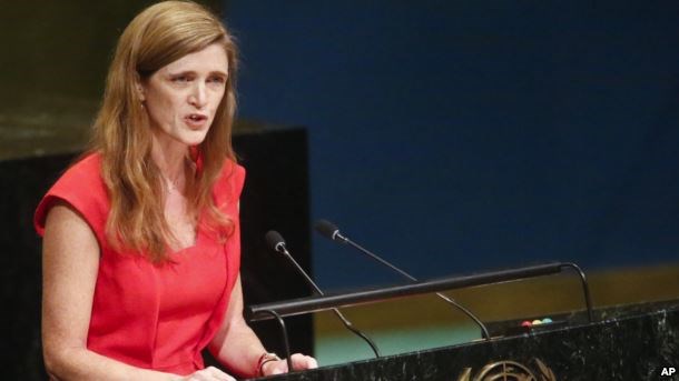 FILE - U.S. Ambassador to the U.N. Samantha Power speaks during a meeting of the U.N. General Assembly at U.N. headquarters, Oct. 26, 2016.