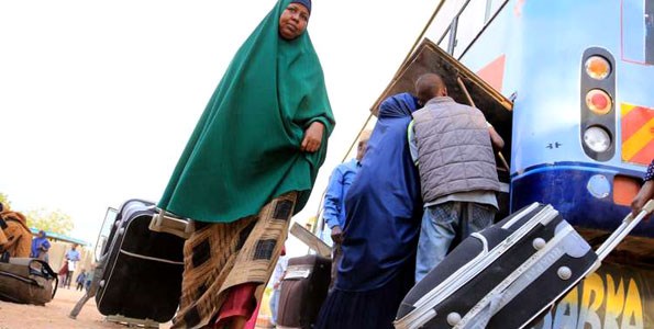 Refugees board buses for Somalia at Dadaab camp after the Kenya government announced plans to close the camp. PHOTO | JEFF ANGOTE |  NATION MEDIA GROUP