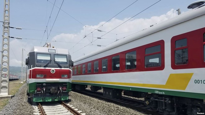Locomotives for the new Ethiopia to Djibouti electric railway system sit outside a train station on the outskirts of Addis Ababa. Sept. 24, 2016,